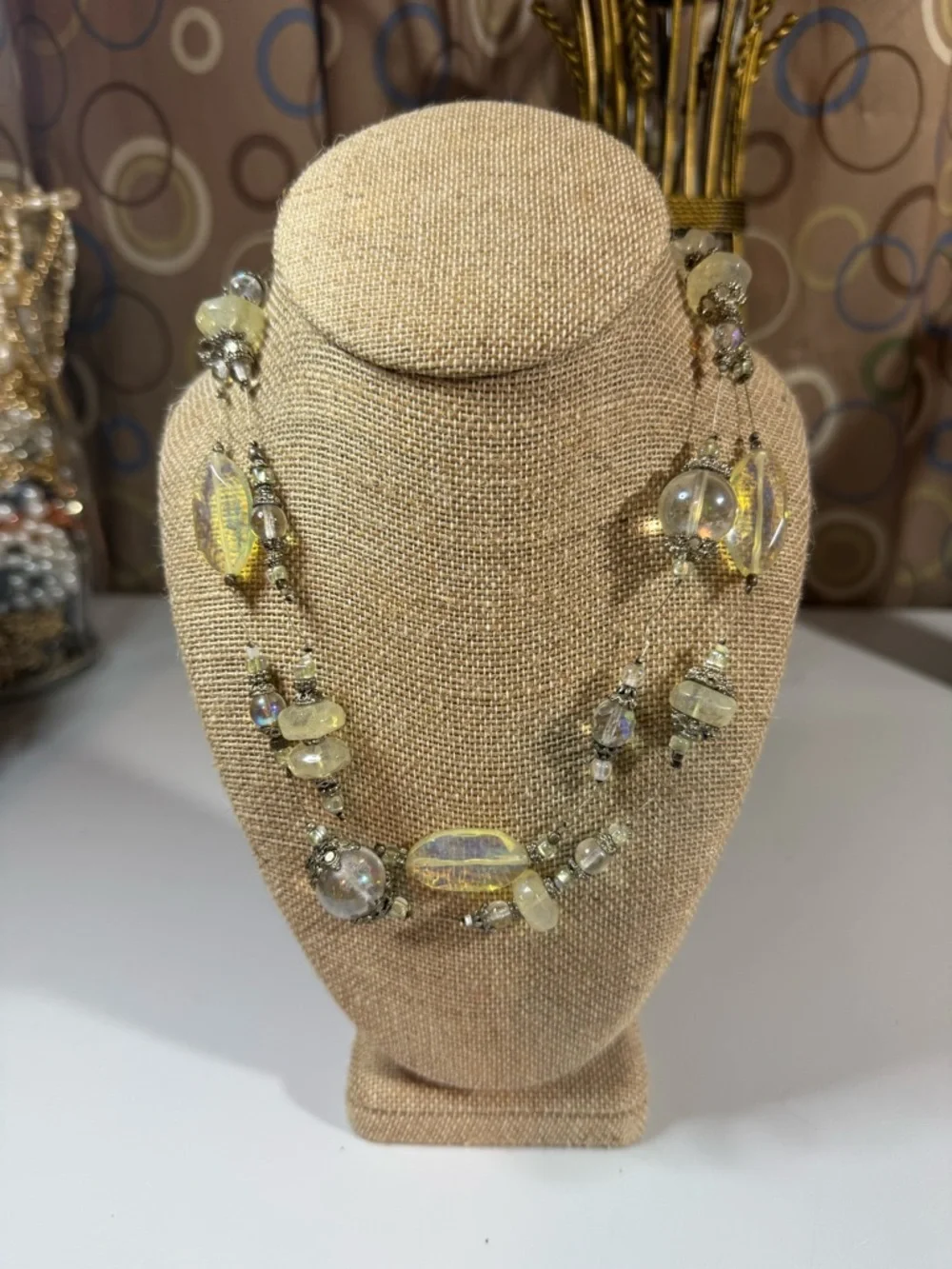Vintage 1990s Iridescent Yellow Glass Bead Statement Necklace V8